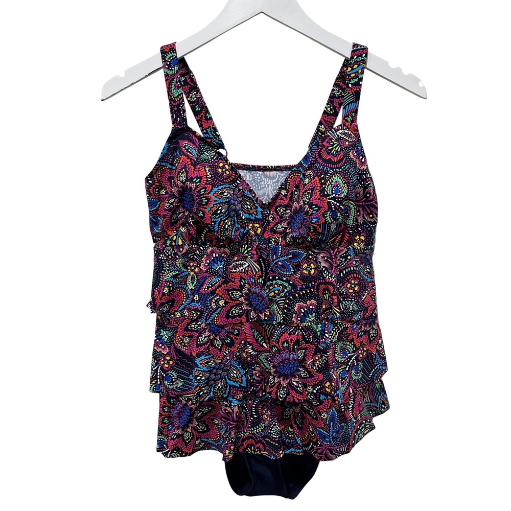 New Swim Solutions One Piece Swimsuit Women 12 Fauxkini‎ Tummy Control Beachy